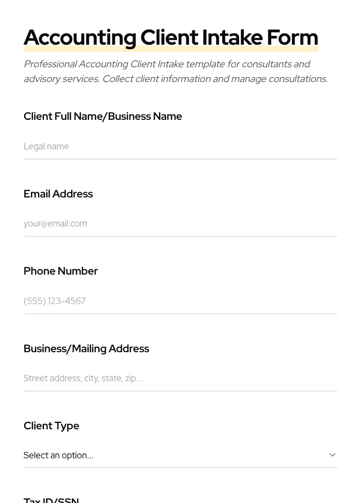 Accounting Client Intake preview