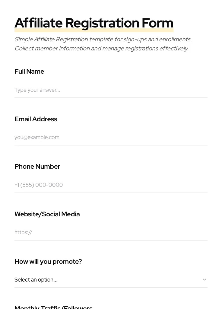 Affiliate Registration preview