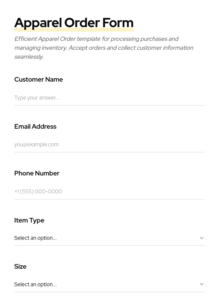 Apparel Order preview