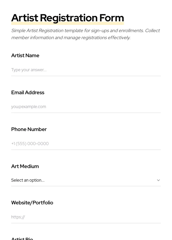 Artist Registration preview