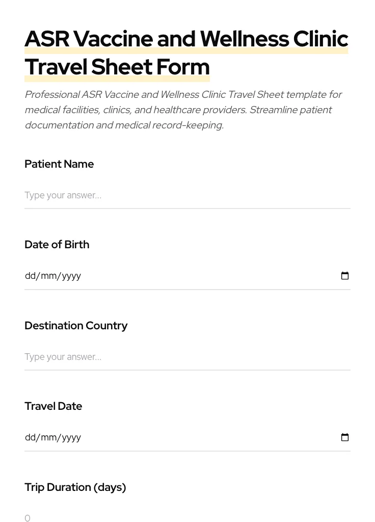 ASR Vaccine and Wellness Clinic Travel Sheet preview