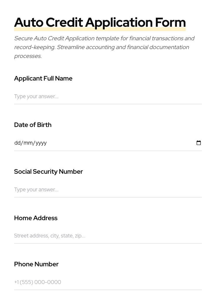 Auto Credit Application preview