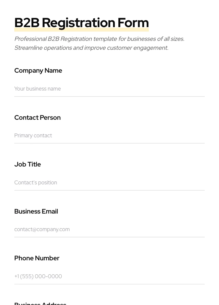 B2B Registration preview