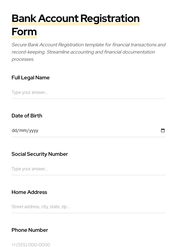Bank Account Registration preview