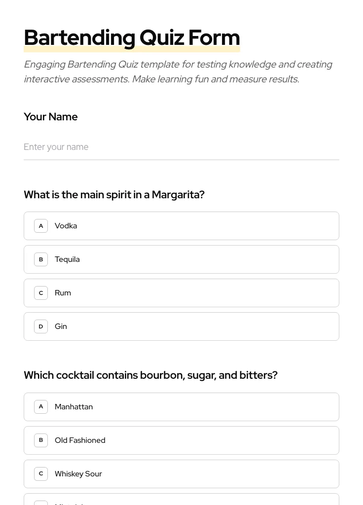 Bartending Quiz preview