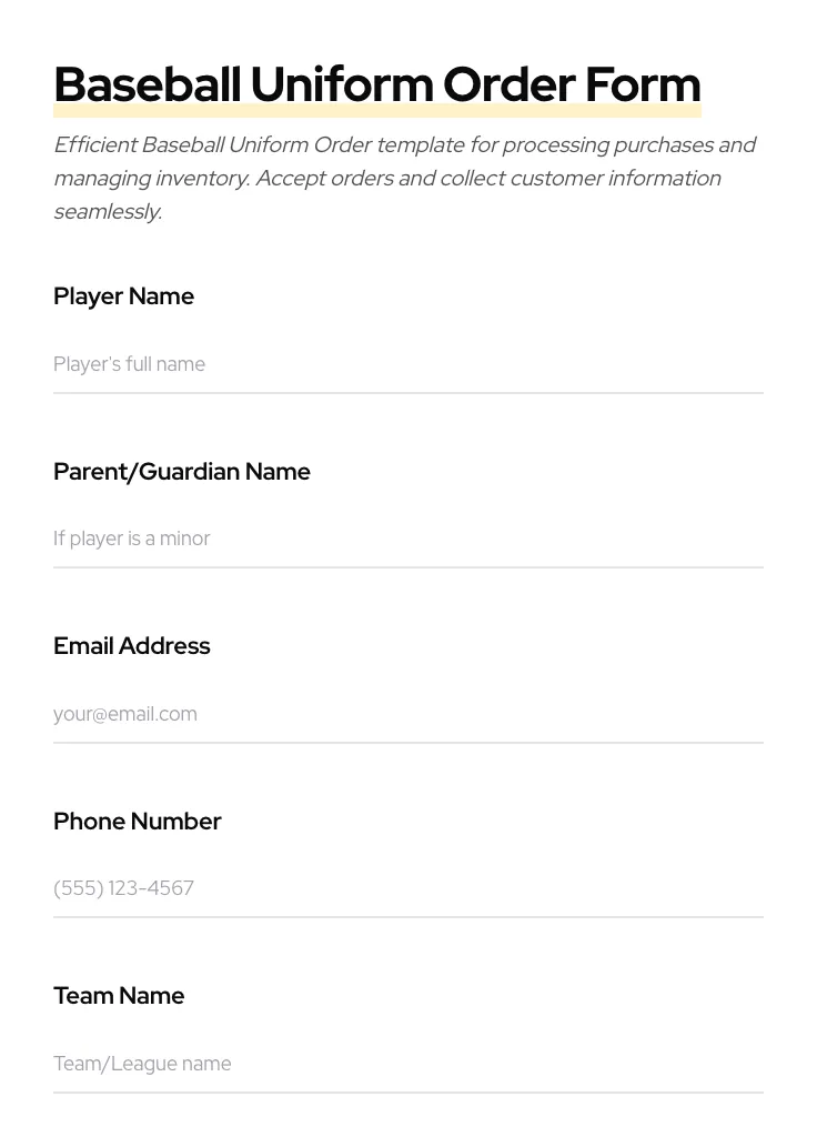 Baseball Uniform Order preview