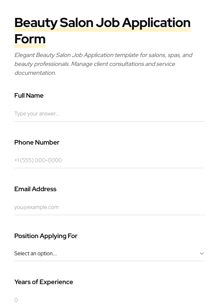 Beauty Salon Job Application preview