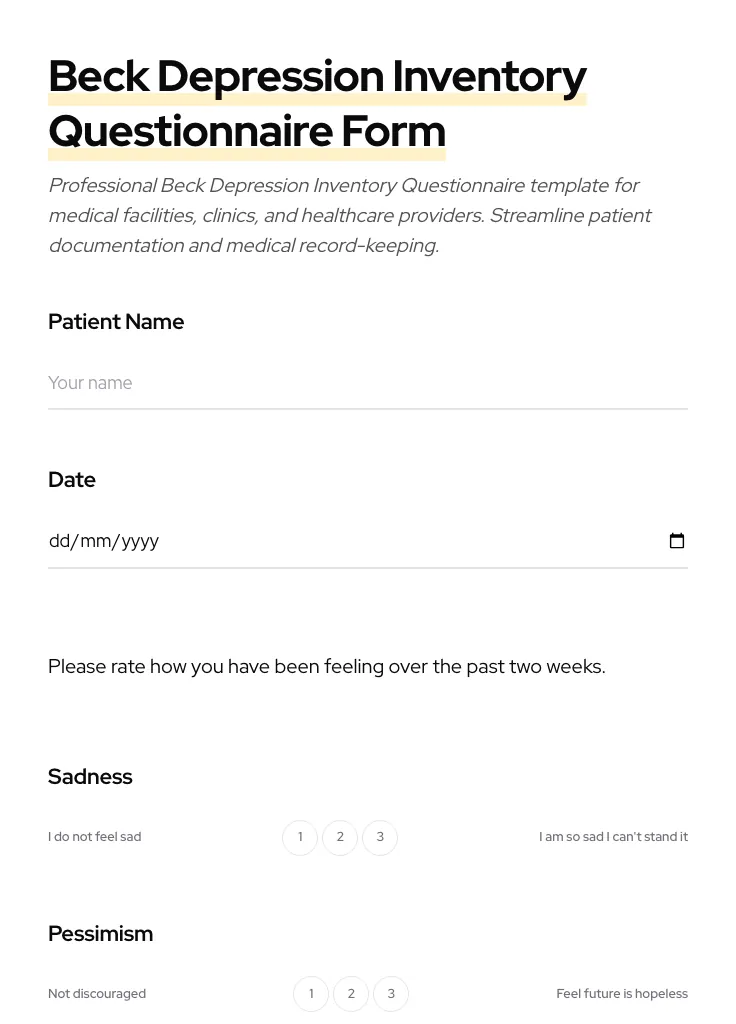 Beck Depression Inventory Questionnaire preview