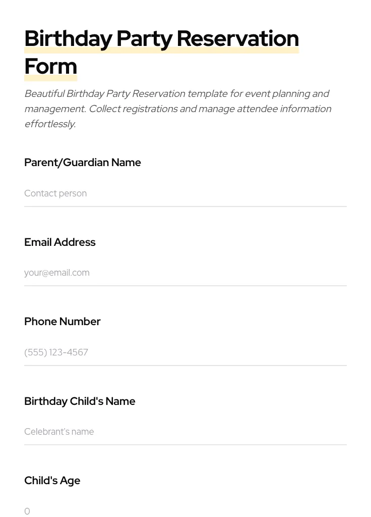 Birthday Party Reservation preview