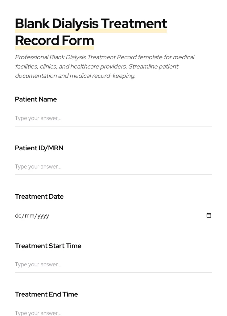 Blank Dialysis Treatment Record preview