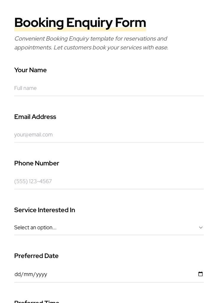 Booking Enquiry preview