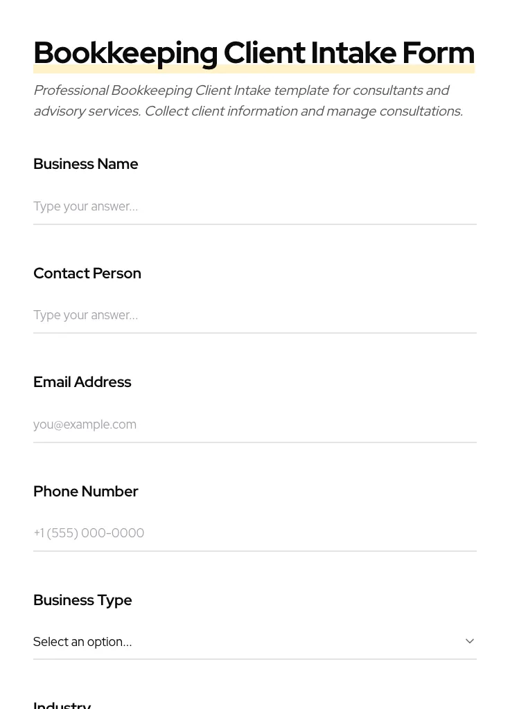 Bookkeeping Client Intake preview
