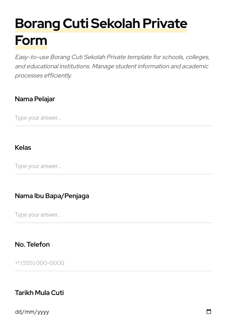 Borang Cuti Sekolah Private preview