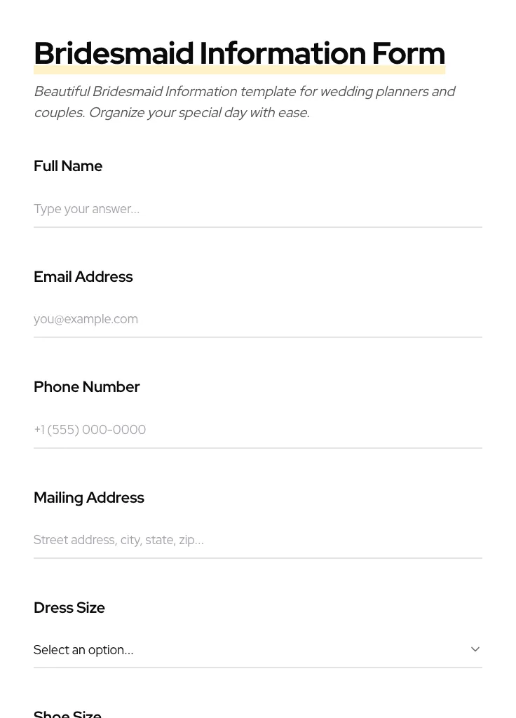 Bridesmaid Information preview
