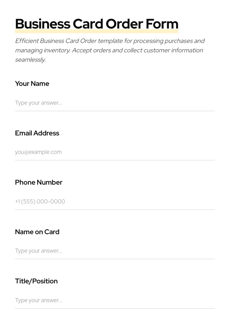 Business Card Order preview