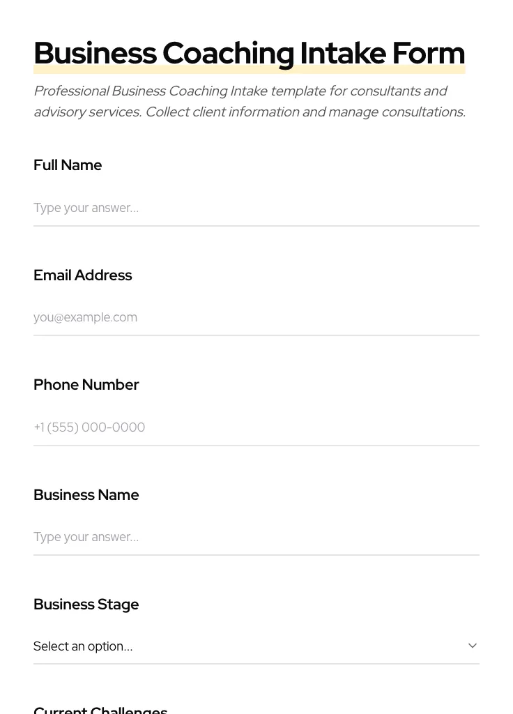 Business Coaching Intake preview