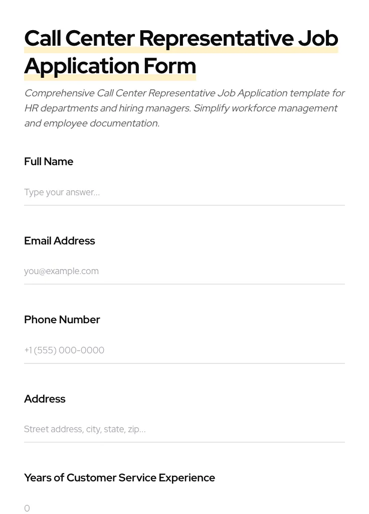 Call Center Representative Job Application preview
