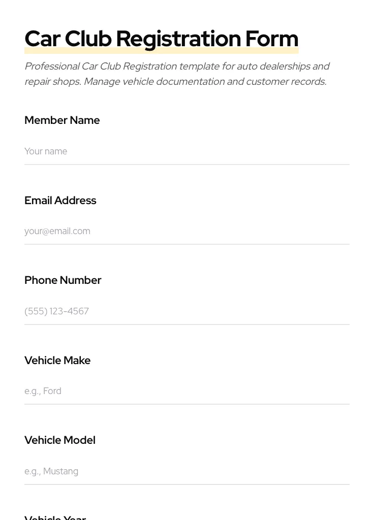Car Club Registration preview