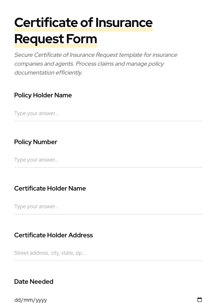 Certificate of Insurance Request preview
