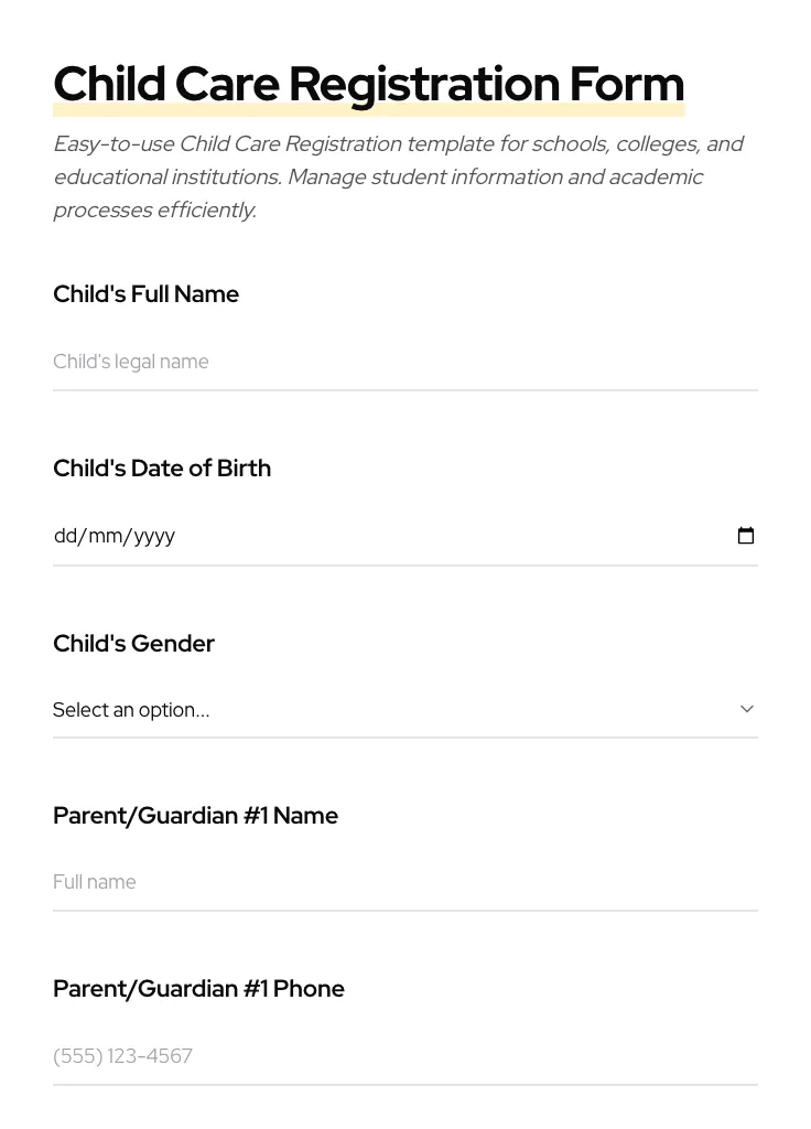 Child Care Registration preview