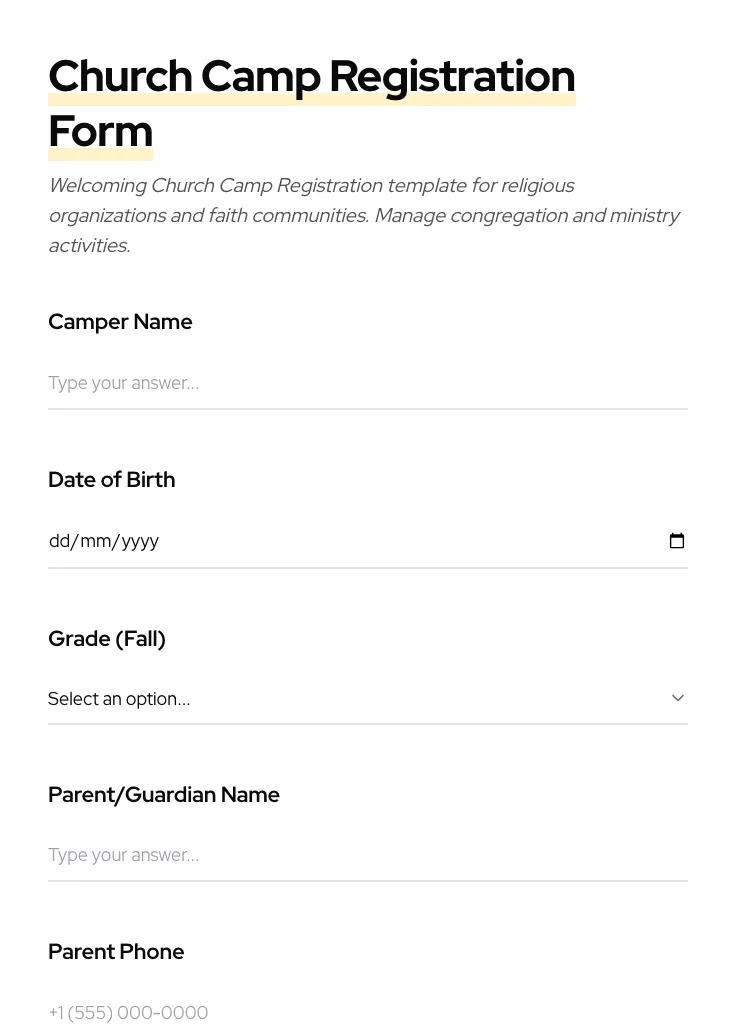 Church Camp Registration preview