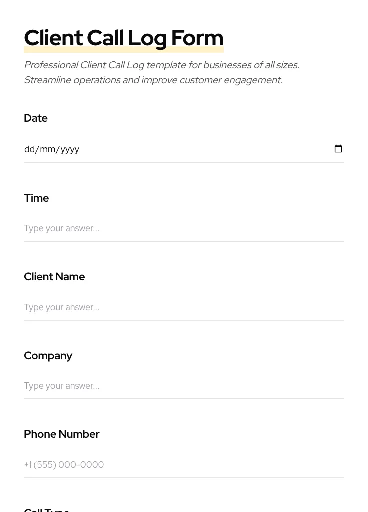 Client Call Log preview