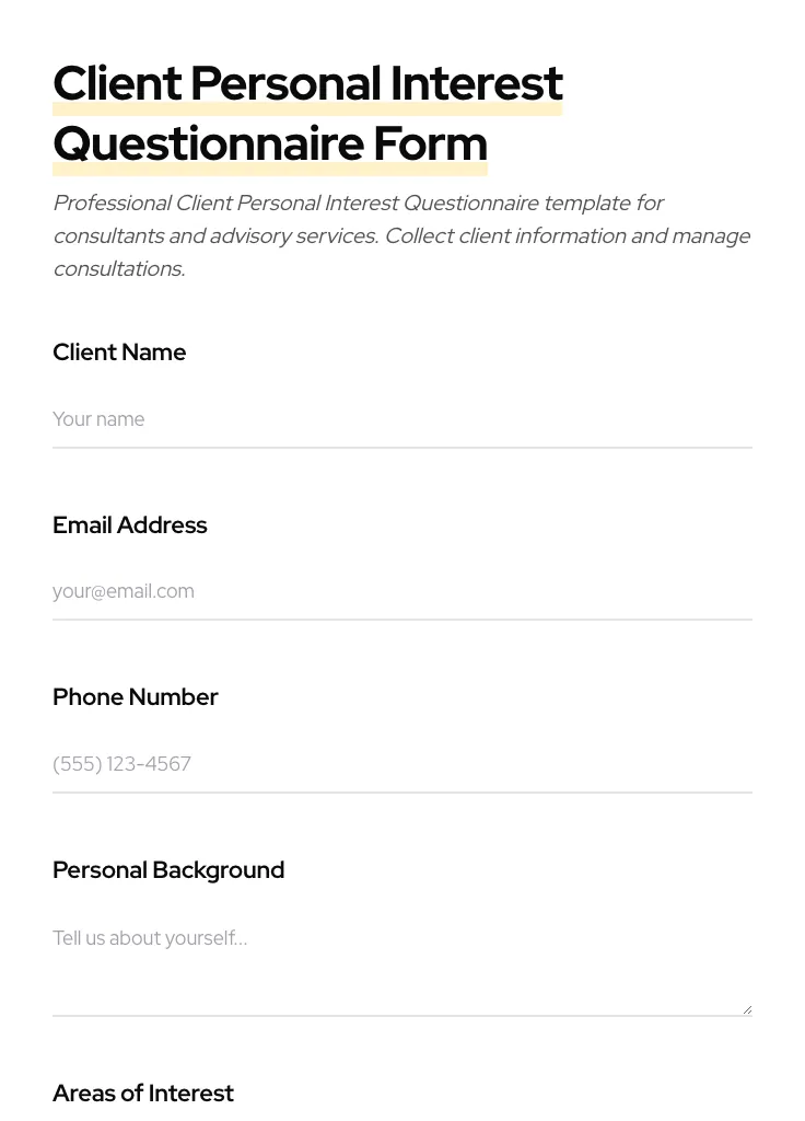 Client Personal Interest Questionnaire preview