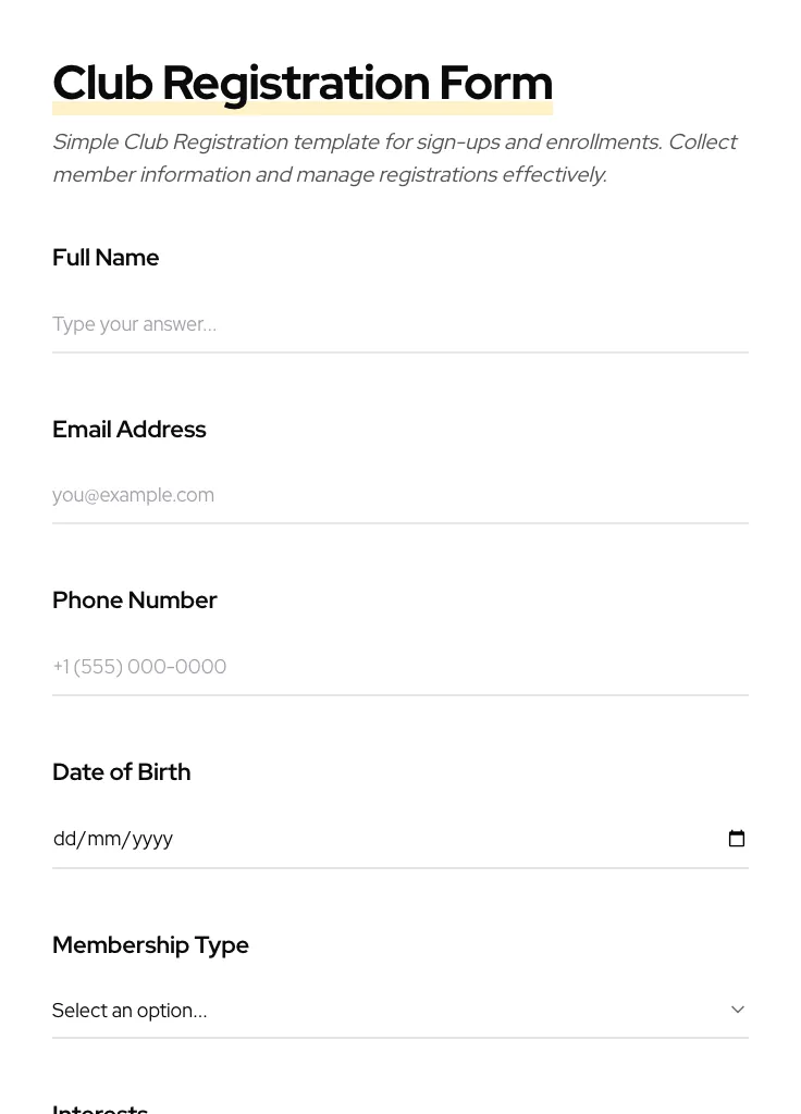 Club Registration preview