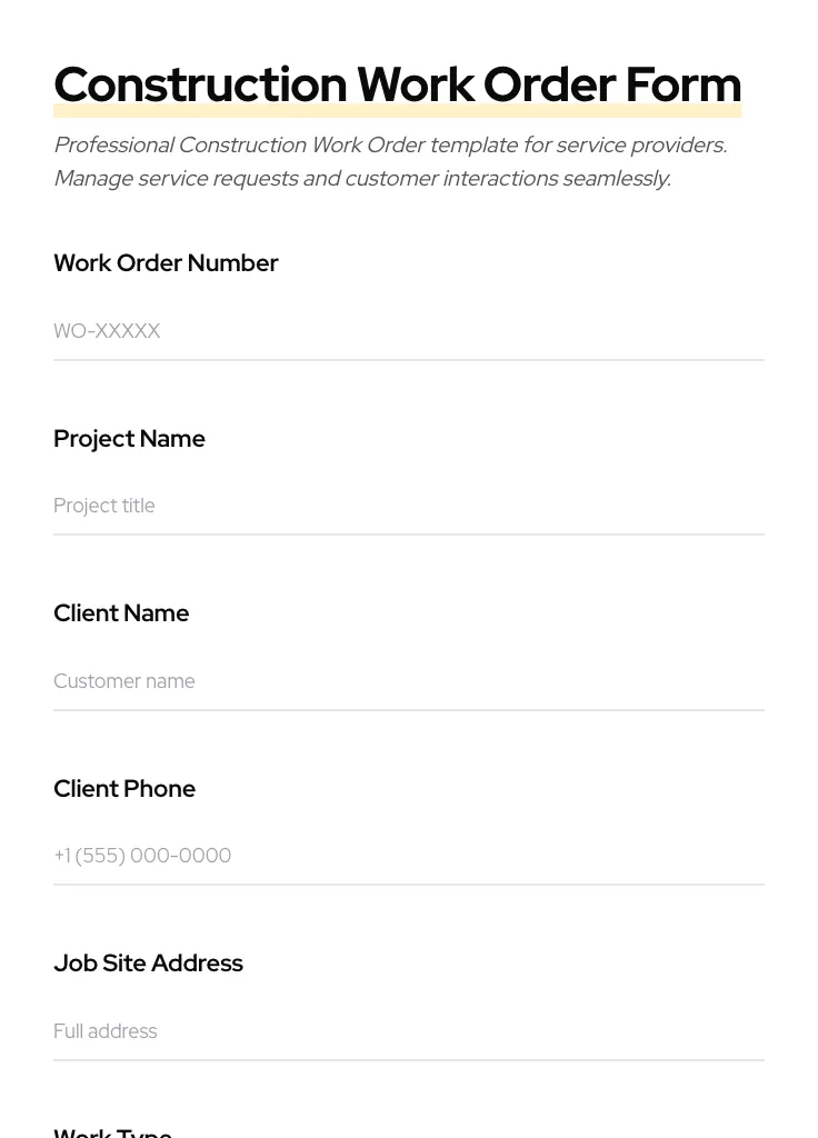 Construction Work Order preview