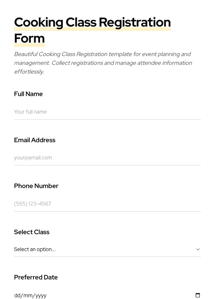Cooking Class Registration preview