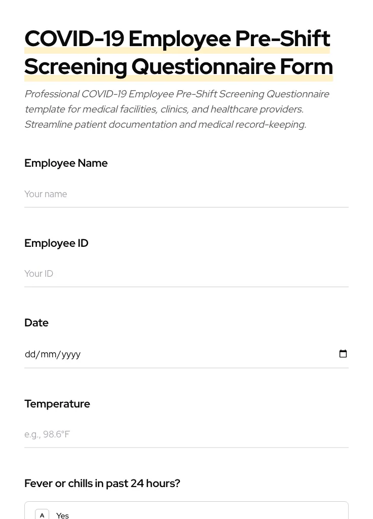 COVID-19 Employee Pre-Shift Screening Questionnaire preview
