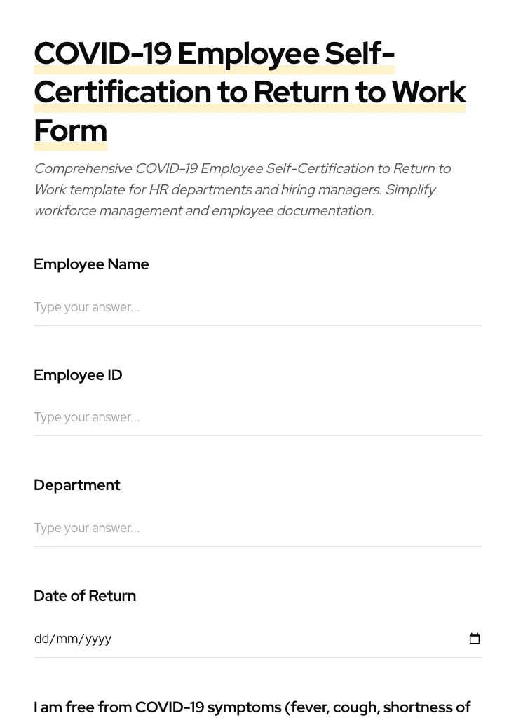 COVID-19 Employee Self-Certification to Return to Work preview
