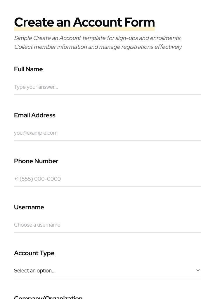 Create an Account preview