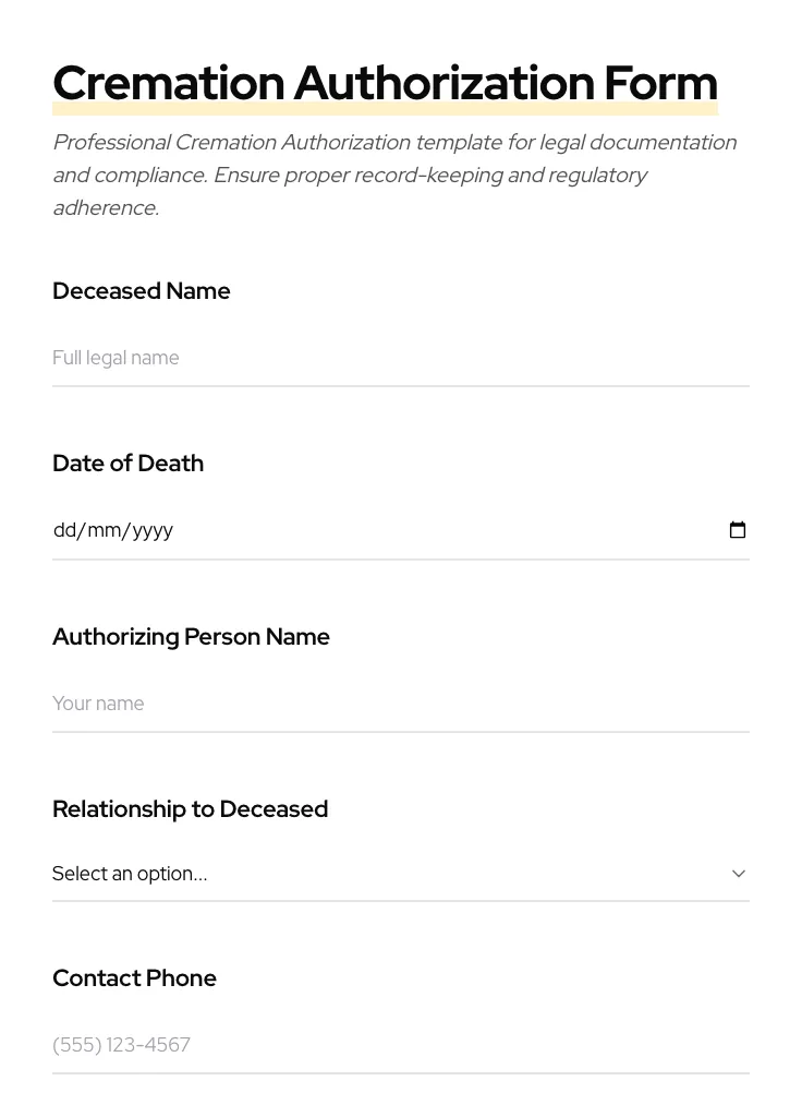Cremation Authorization preview