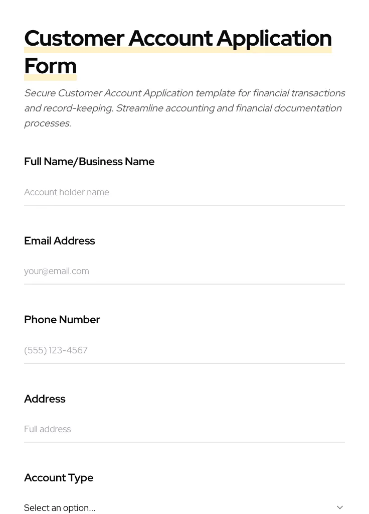 Customer Account Application preview