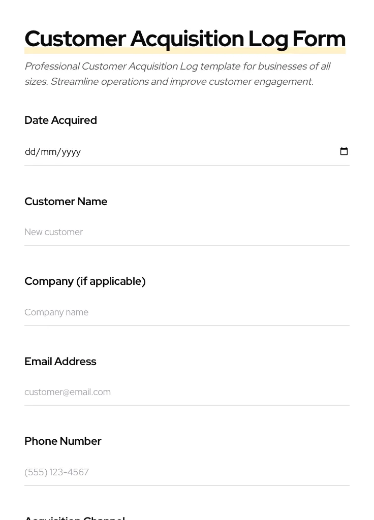 Customer Acquisition Log preview