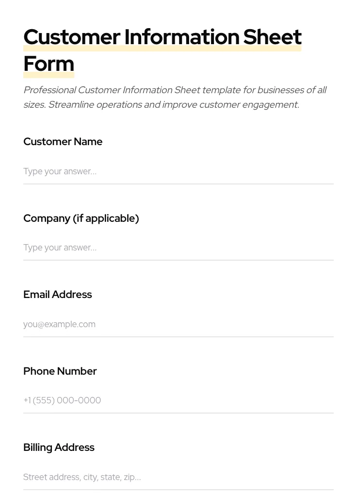 Customer Information Sheet preview