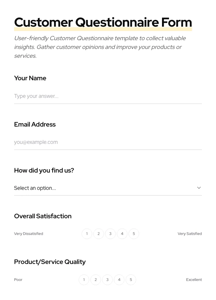Customer Questionnaire preview