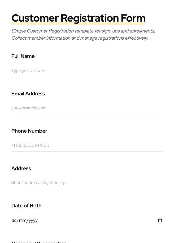 Customer Registration preview