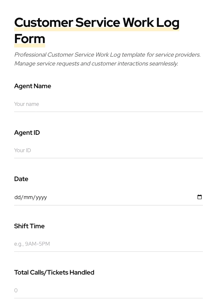 Customer Service Work Log preview