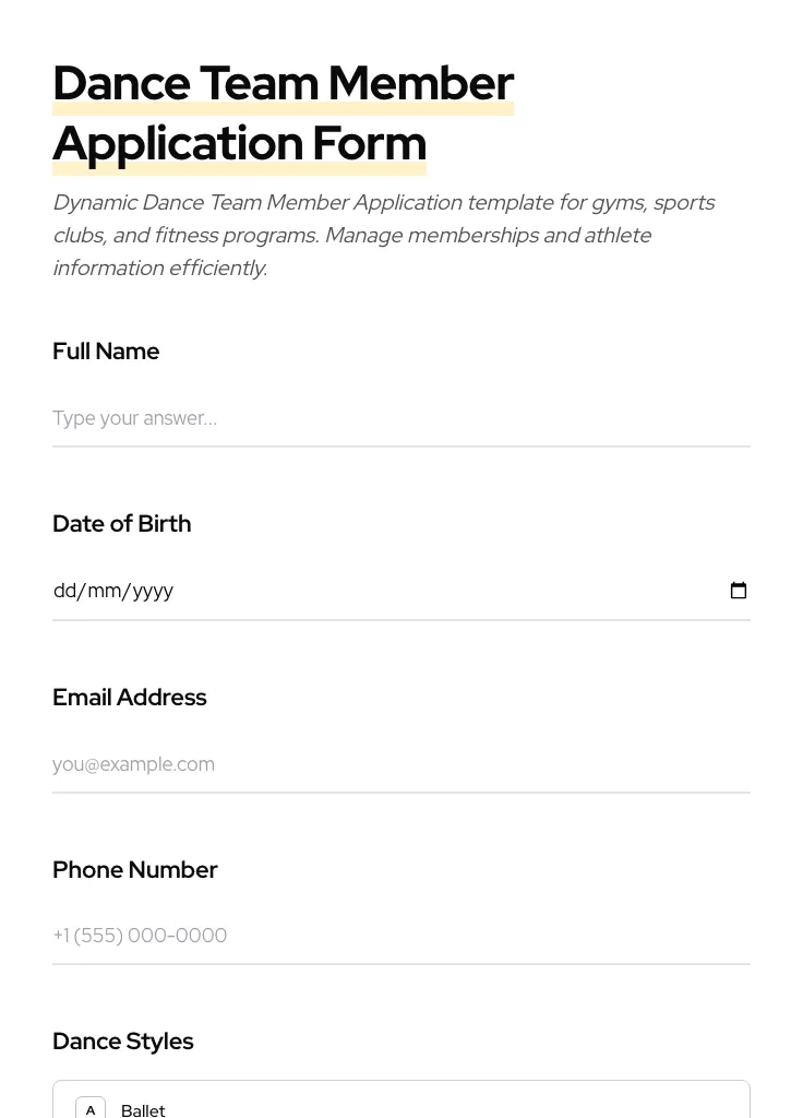 Dance Team Member Application preview