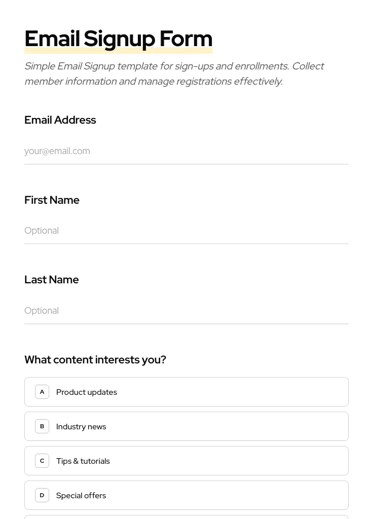 Email Signup preview