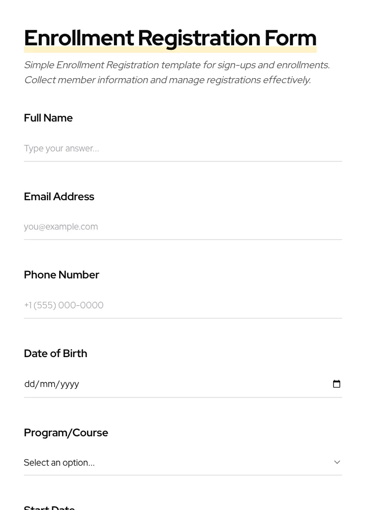 Enrollment Registration preview