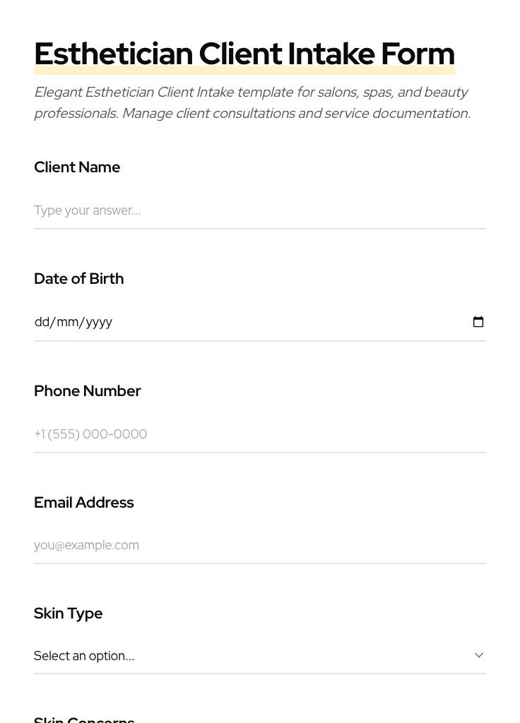 Esthetician Client Intake preview