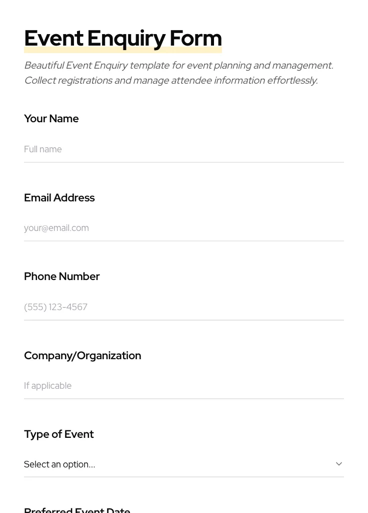 Event Enquiry preview