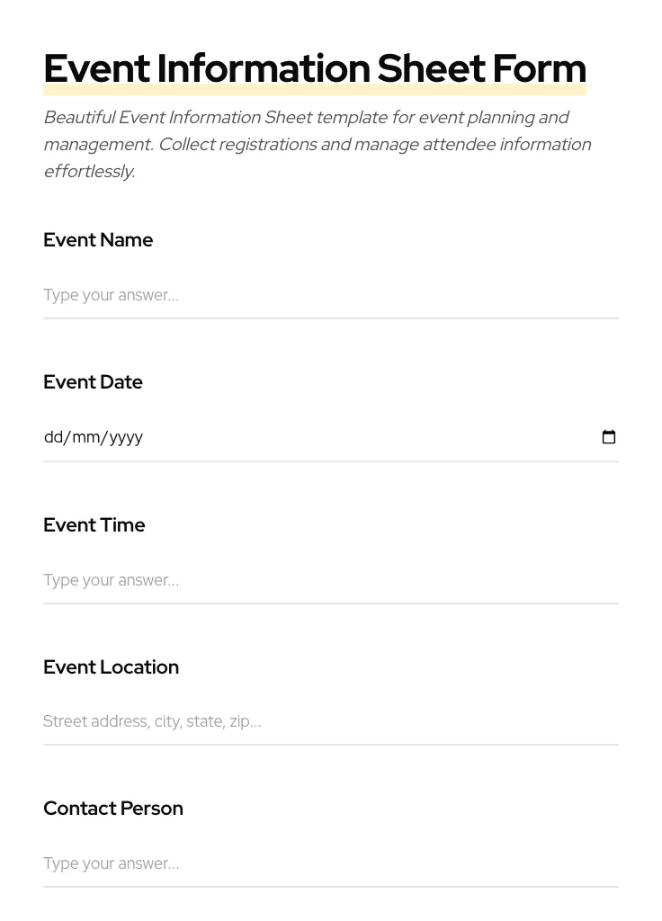 Event Information Sheet preview