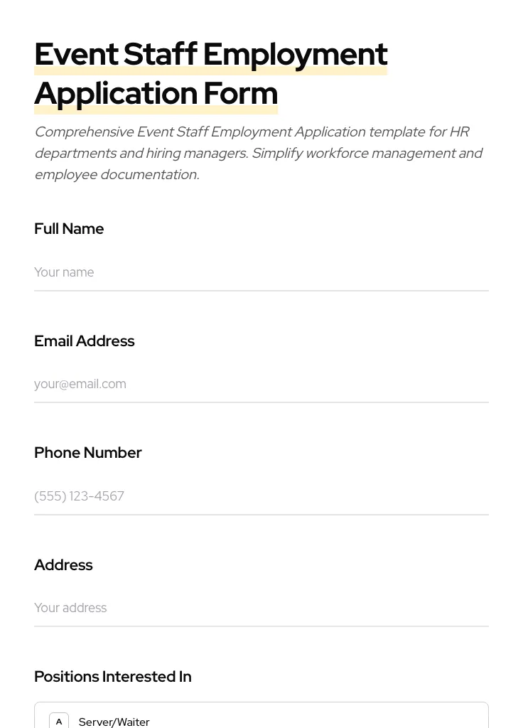 Event Staff Employment Application preview
