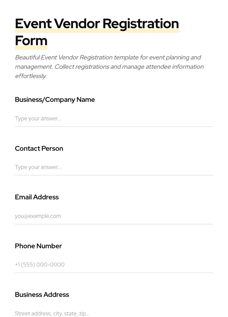 Event Vendor Registration preview