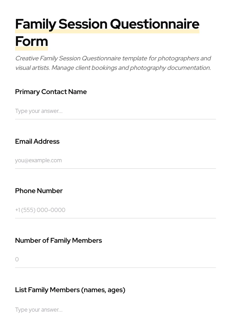 Family Session Questionnaire preview