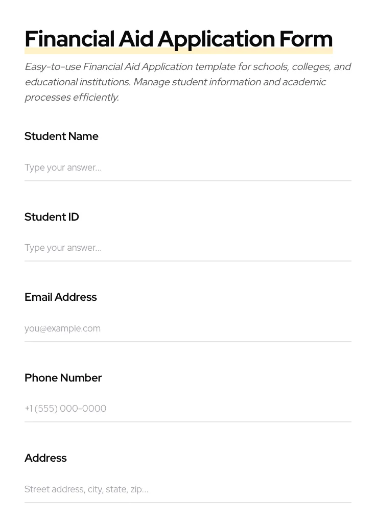 Financial Aid Application preview